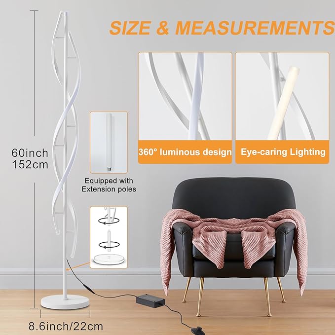LED Floor Lamps for Living Room,Spiral Modern Floor Lamps with Remote Control 60 Inch Dimmable White Floor Lamp 48W Standing Lamp with Timer 3 Color Temperature Corner Floor Lamp for Bedroom