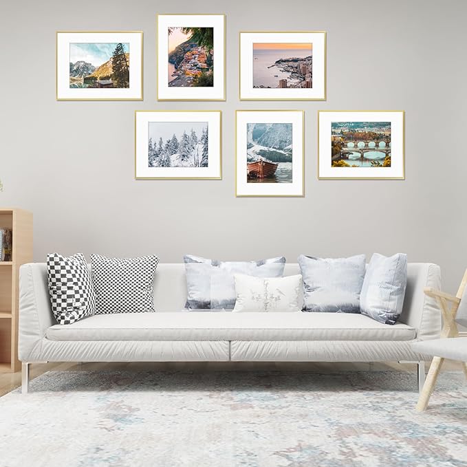Golden State Art, Gallery Wall Frame Set of 6 - Gold 16x20 Aluminum Photo Frames with Mat for 11x14 Pictures - 16 x 20 inch Metal Frame with Real Glass Cover - Elegant Home or Office Decor