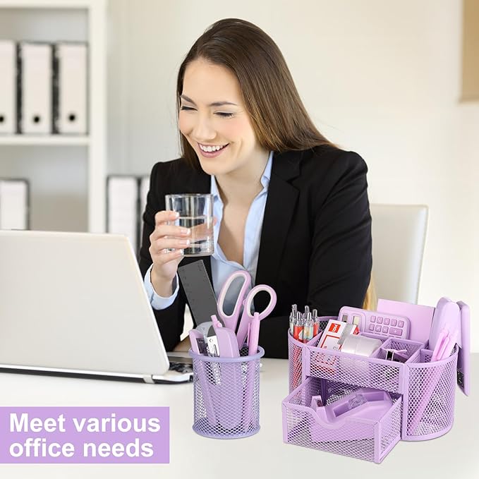 VAIPI 17 Pcs Purple Office Supplies Set Desk Organizers and Accessories with Mouse Pad, Calculator, Stapler, Staples, Scissors, Pens, Sticky Notes, Page Markers for Office School Home