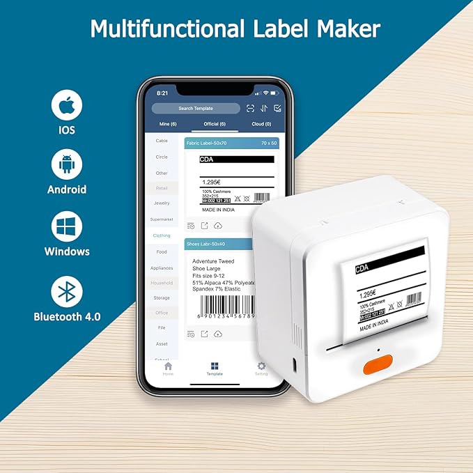NETUM P58C Mini Label Printer - Portable Barcode Label Maker with Bluetooth, Inkless Thermal Technology for Retail, Clothing, Small Business & Home Office (White)