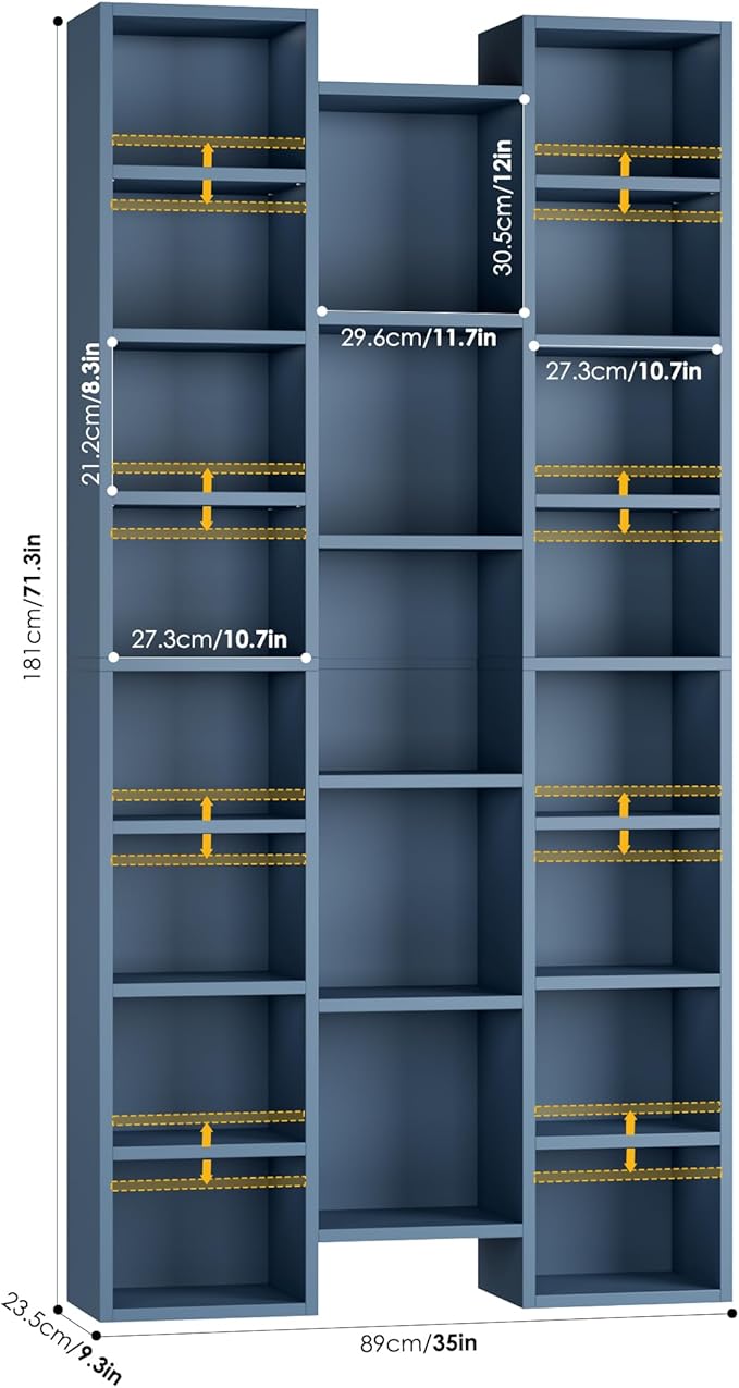 FOTOSOK 71'' Tall Bookshelf with 21 Cubes, 8 Tier Triple Wide Bookshelf with 8 Adjustable Shelves, 35" Large Bookcase DVD/CD Media Tower Storage, Freestanding Display Shelf Cabinet, Blue