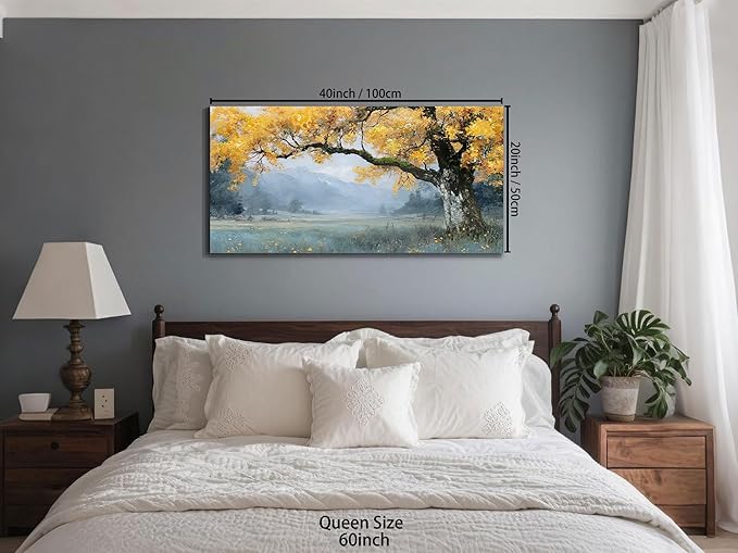Arjun Tree Canvas Wall Art Landscape Painting for Living Room Bedroom, Mountain View Wall Decor Nature Scenery Artwork Rustic Textured Large Framed Picture Dining Room Hallway Fireplace 40"x20"