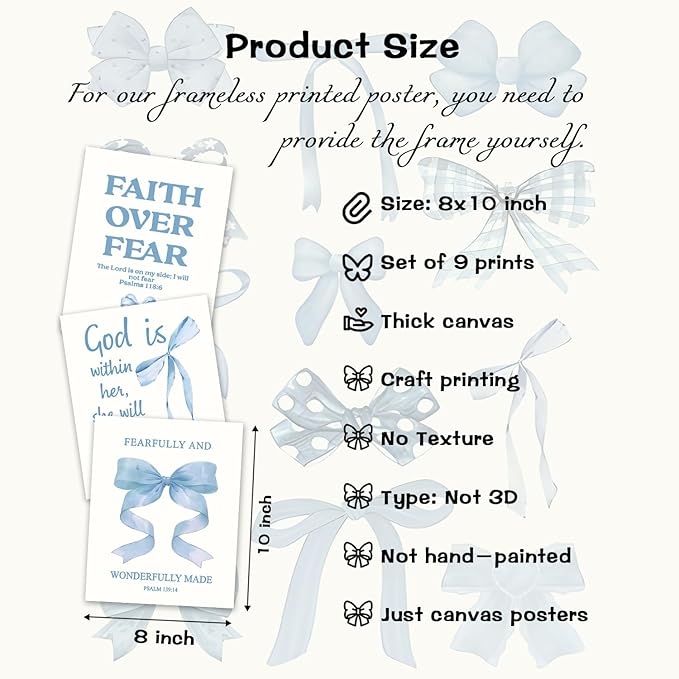 Blue Bows Jesus Bible Canvas Wall Art Set of 9, Coquette Trendy Preppy Aesthetic Girl Posters Prints Wall Decor, Christian scripture Lovers Gifts for Home Decor Living Room Bedroom 8x10In Unframed