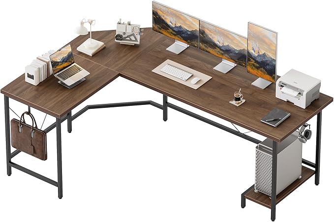 Mericonia 59 inch Large L Shaped Desk, Simple Corner Gaming Desk with CPU Stand & Hooks, Computer Desk for Home, Bedroom & Office Workspace, Walnut