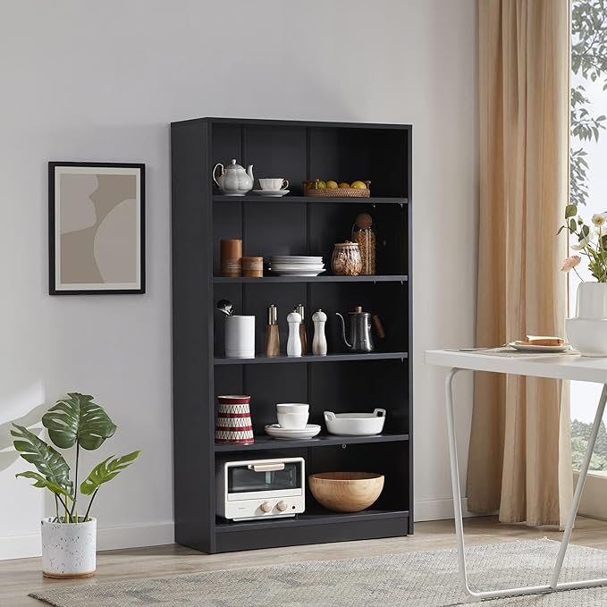 Farini Black 5 Shelf Modern Wood Bookshelf - 60 Inch Tall, Wide Manga & Bookcase for Bedroom & Living Room Library Bookcase