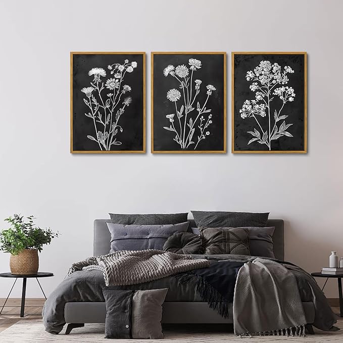 KISSFOX Framed Floral Botanical Canvas Wall Art Vintage Black Background Plant Poster Prints Set of 3 Grey and White Wildflower Painting Modern Farmhouse Decor Pictures Living Room Bathroom Bedroom (Black Floral, 16"x24" Natural Framed)