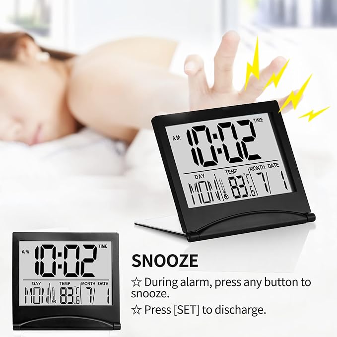 Betus Digital Travel Alarm Clock – Foldable Calendar, Temperature & Timer with Snooze – Large Number Display, Battery Operated – Compact Desk Clock for Home & Office (Black)