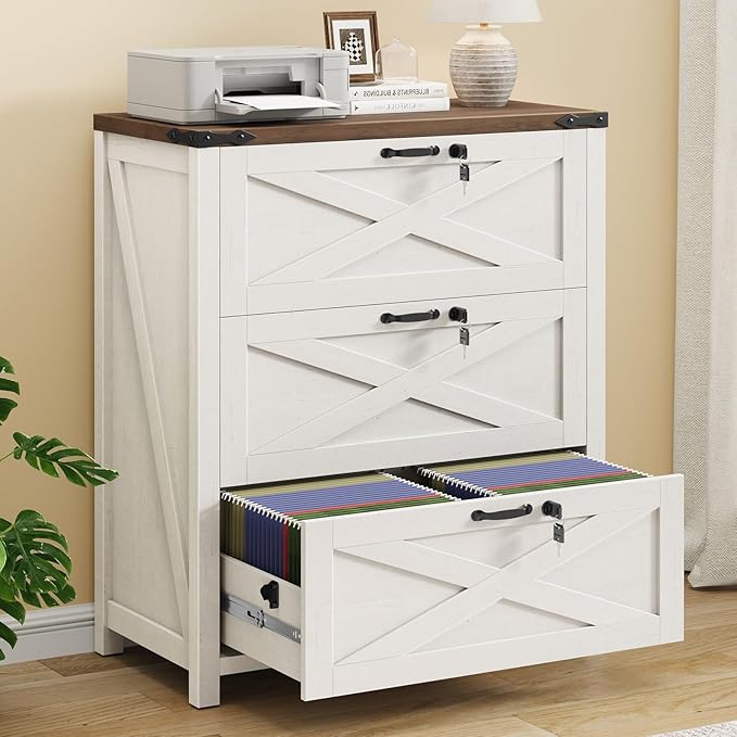 File Cabinet with 3 Drawers, Lateral File Cabinet for Letter/Legal/A4 Size Hanging Files, Large Wood File Storage Cabinets Printer Stand for Home Office, Rustic White and Brown