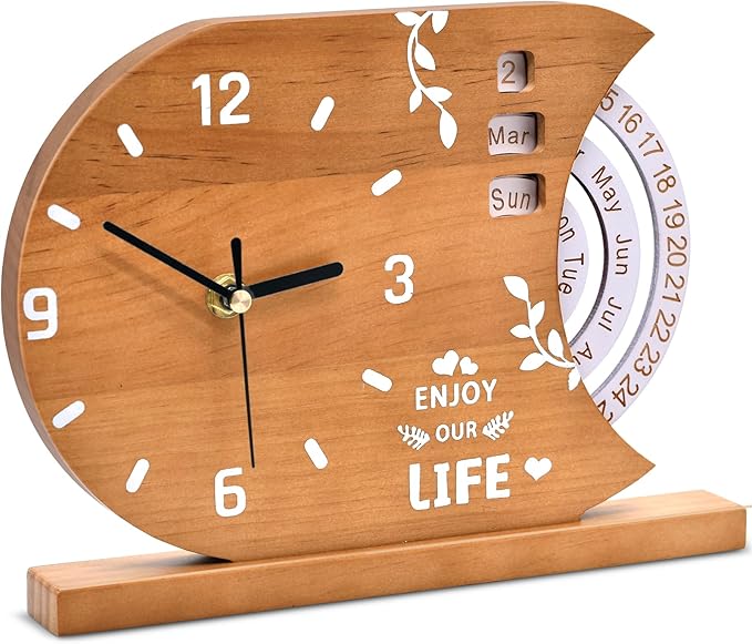 2-in-1 Natural Wood Desk Clock & Calendar - Battery Operated Silent Non-Ticking Analog Table Clocks Perpetual Calendar for Office, Bedroom, Study, Bedside - Vintage Home Shelf Desktop Decor