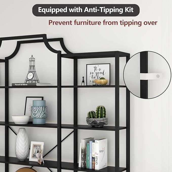 Auromie Triple Wide 5-Tier Bookshelf, 70.87" L x 79.13" H Extra Large Bookcase, Tall Open Etagere Display Shelf with Metal Frame, Freestanding Modern Storage Shelves for Home Office (Black)