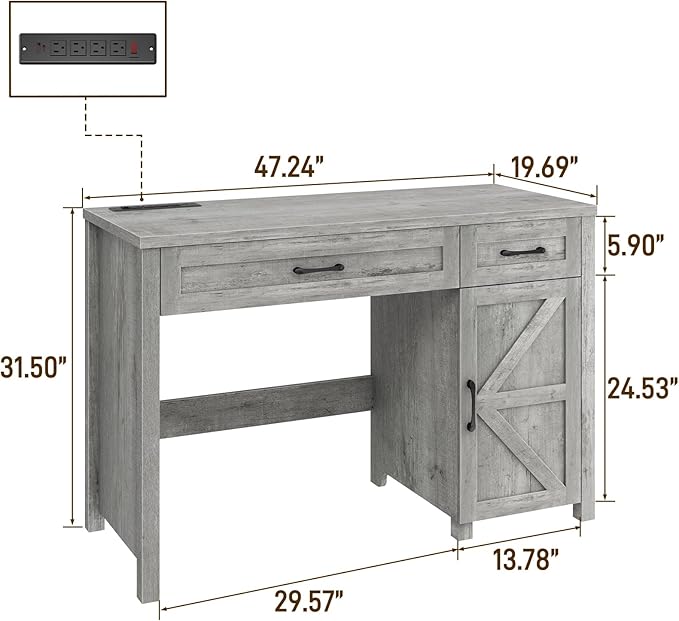Vabches Farmhouse 47" Executive Desk, Computer Desk with Drawers and Storage Cabinet, Workstation Computer Desk for Home Office and Study.(Grey)