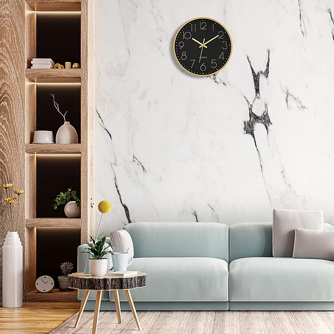 Foxtop Black Gold Wall Clock 12 Inch Silent Non-Ticking Battery Operated Round Quartz Modern Wall Clock for Living Room Kitchen Bedroom Home Office School Decor