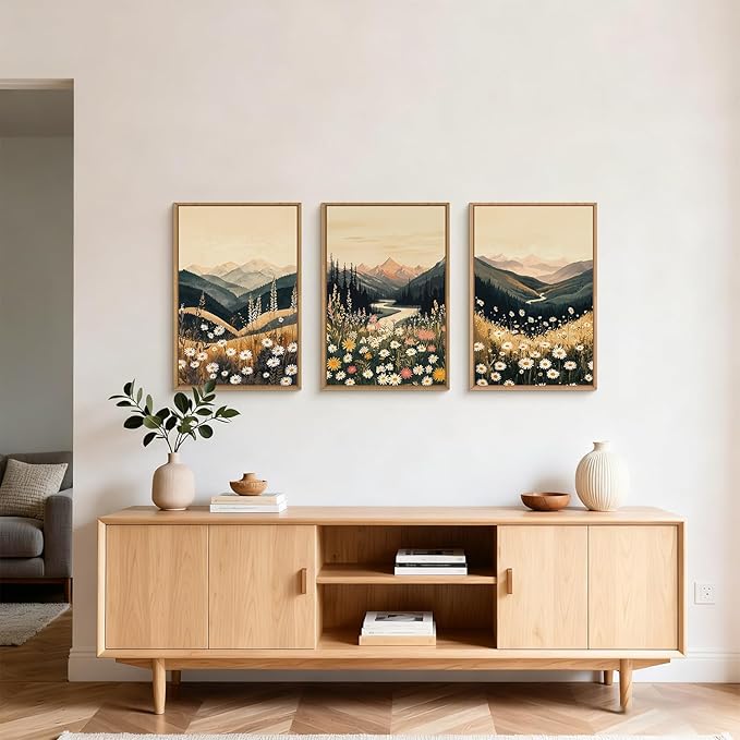Large Boho Wildflower Framed Canvas Wall Art,Vintage Mountain Wall Decor,Nature Floral Prints,Rustic Daisy Landscape Artwork for Living Room,Bedroom,Dining Room -16"x24"x3