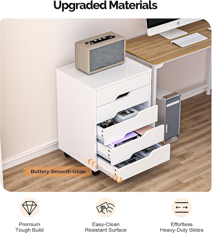 VINGLI 5 Drawers Rolling File Cabinet with Wheels, Under Desk Storage Organization, Vertical Filing Chest Mobile Wood Small Desk Printer Stand for Home Office, 19" W × 15.8" D × 25.6" H, White