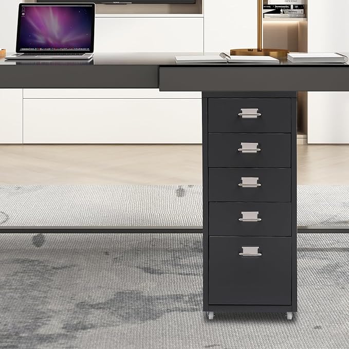 5 Drawer Mobile File Cabinet, Metal Mobile Filing Cabinets with Lock, Storage Organization with Wheels Vertical Filing Chest Rolling Wood for Home Office to Organization Hanging Letter/Legal/F4/A4