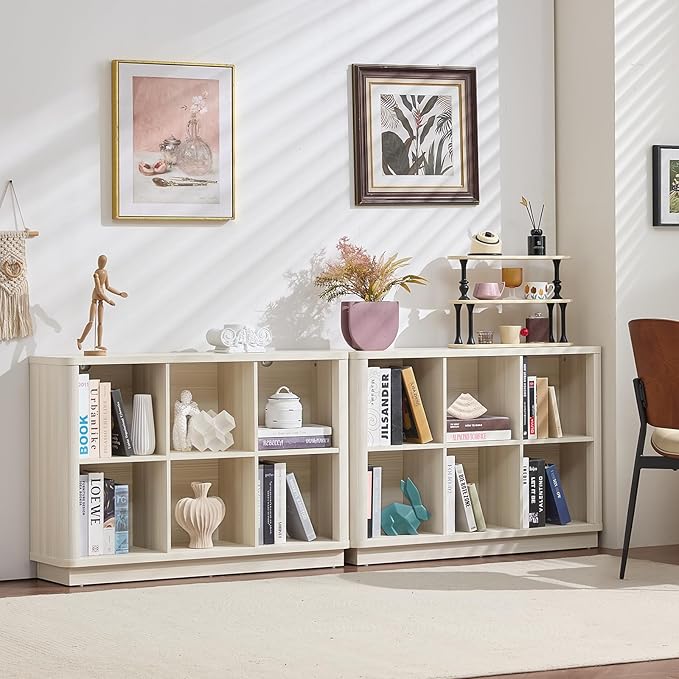 6 Cube Bookcase, 40" Wide Horizontal 2-Tier Book Shelf w/Curved Edge, Wood Low Floor Standing Bookshelf with Base, Modern Short Storage Organizer for Living Room,Office, Gray-White Cream Oak