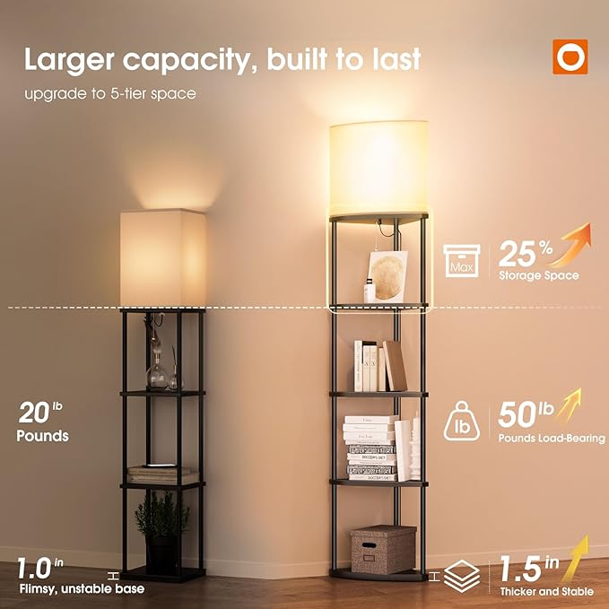 addlon Floor Lamp with Shelves, 5-Tier Adjustable Corner Lamp with 3 Color Temperatures & Linen Shade, Modern Floor Lamps for Living Room, Home Office & Bedroom (E26 LED Bulb Included, 800lm) - Black