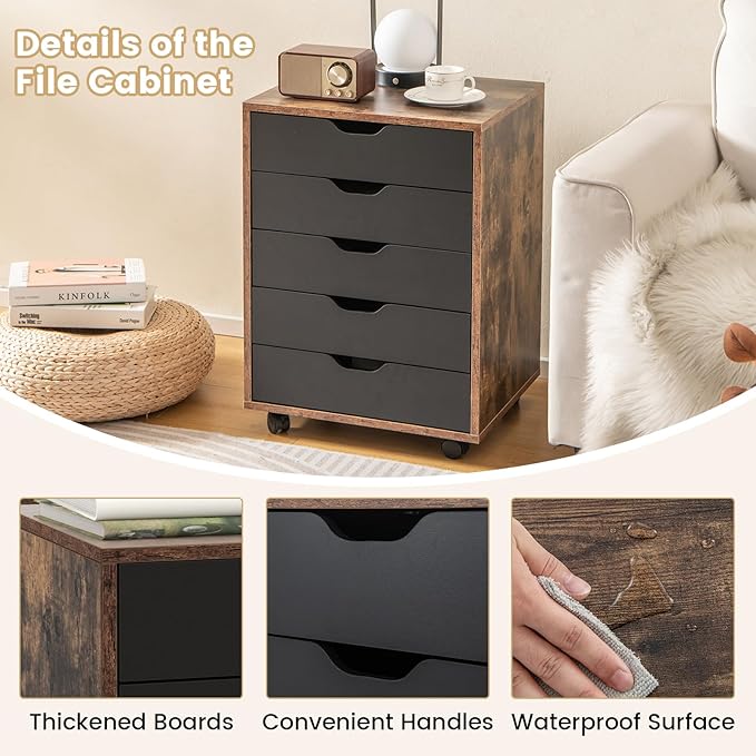 5 Drawer File Cabinet, 26.5" Vertical Filling Cabinet for Home Office, Under Desk Office Drawer Organizer, Universal & Lockable Casters, Rolling Printer Storage Rack