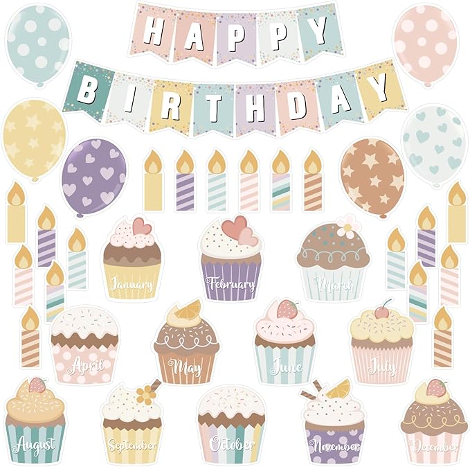 Leinuosen 45 Pieces Happy Birthday Bulletin Board Set Birthday Bulletin Board Decorations Classroom Chart Calendar Balloon Candle Cupcake Cutouts for Calendar Classrooms (Boho)