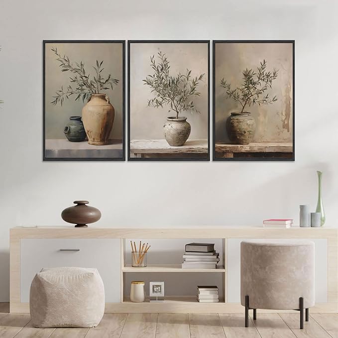 3Pcs Vintage Vase Canvas Wall Art Green Rustic Olive Branch Wall Decor Pictures Antique Still Life Plant Posters Paintings Prints for Bedroom Living Room Kitchen Artwork Home Decoration Unframed