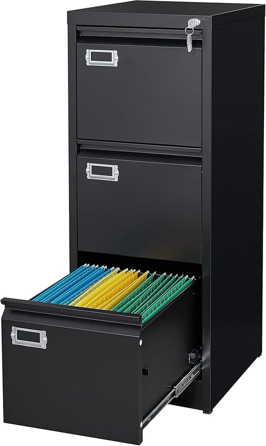Yizosh 3 Drawer Black File Cabinet with Lock, Filing Cabinets for Home Office, Metal Locking Office File Storage Cabinets with Drawers, Vertical Small Filing Cabinet Organizer for Legal/A4