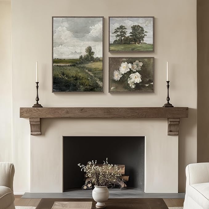3 Piece Framed Vintage Canvas Wall Art Set, Large Green Floral and Tree Landscape Farmhouse Painting Print, French Country Retro Flower Artwork Decor for Living Room, Bedroom and Fireplace