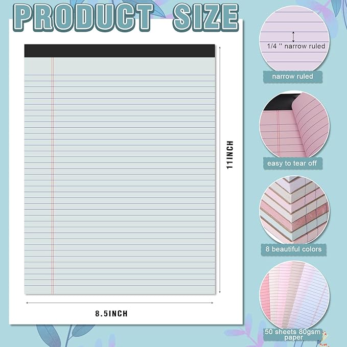 Fuutreo 8 Pcs 8.5'' x 11'' Colored Legal Pad 50 Sheets Per Writing Pads Narrow Ruled Notepad Perforated Writing Notepad Office Supplies for College Office Business (Subtle Colors)