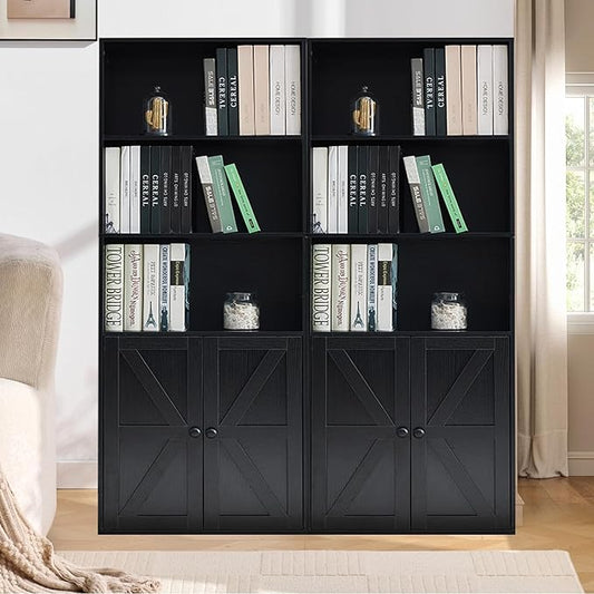 Black 5-Tier Bookshelves for Living Room, Farmhouse Tall Bookcase with Doors, Wooden Bookshelf with Storage Cabinet and Shelves for Living Room, Home Office (2PCS)