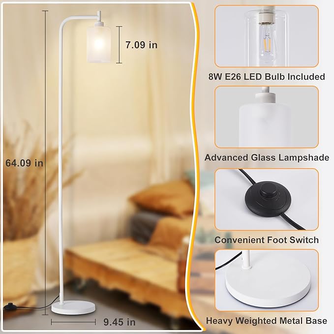 DLLT Floor Lamp Tall for Room: White Standing Lamp with Frosted Glass Lampshade for Living Room - Modern Bright Lamp for Bedroom - Industrial Corner Floor Lamps for Office 8W Led Bulb Included