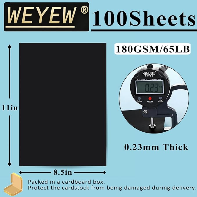 100 Sheets 65lb Black Cardstock, 8.5" x 11", Printer Black Paper for DIY Craft Card Making Blank Invitation Halloween Supply, 65LB Cover 180 GSM