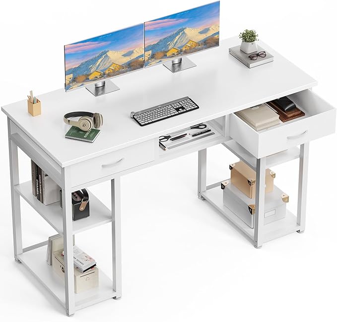 DUMOS 48" Small Computer Home Office Desk for Bedroom with Drawers, Gaming Writing Study Table with Storage Shelf, Adjustable Feet, Metal Frame Natural White