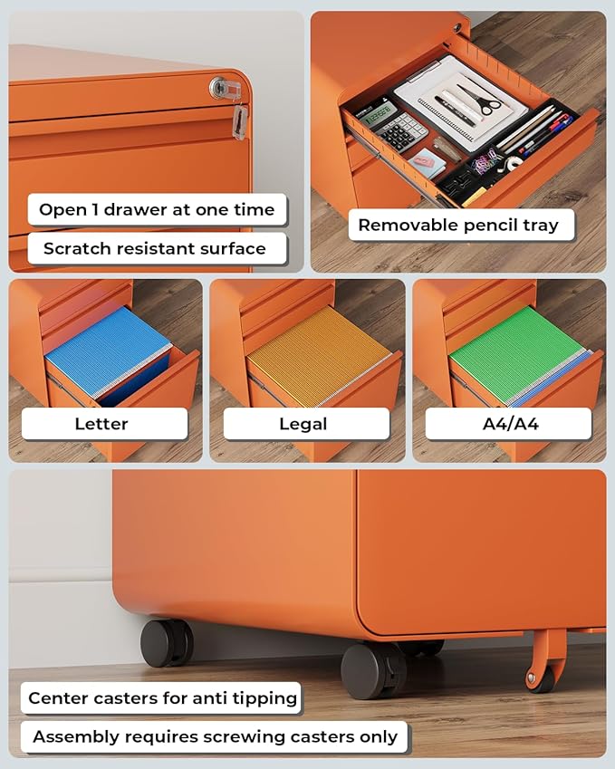 Dripex 3 Drawer File Cabinet Under Desk, Letter/Legal/A4, Fully Assembled for Home Office, Small Short Mobile Filing Cabinets with Lock on Wheels, Steel Metal Rolling Vertical File Cabinet, Orange