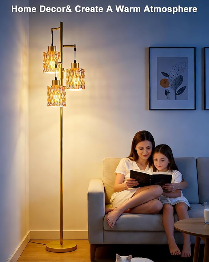 Lightdot 67" 3-Light Glass Floor Lamp for Living Room, Dimmable with Brown Glass Shade & E12 Bulbs Included, Mid Century Standing Tall Lamp for Bedroom/Sofa Beside/Corner Decor - Gold