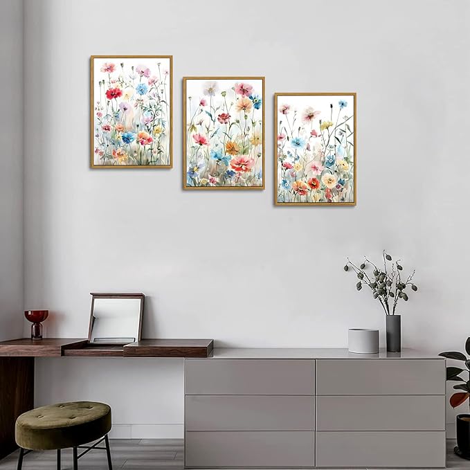 KISSFOX Colorful Wildflower Canvas Wall Art Set Of 3 Flowers Pictures Prints Flowers Printing Floral Watercolors Flower wall Decor Living Room Girls Bedroom Bathroom (Grey Blue, 12"x16" Natural Framed, Framed)