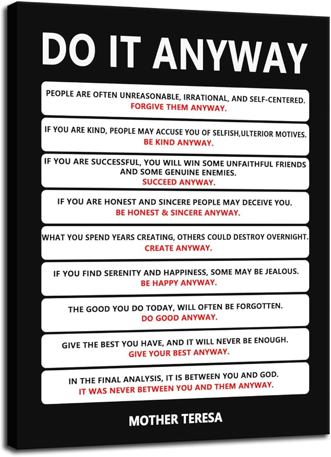 Do It Anyway Motivational Wall Art Inspirational Poster Mother Teresa Quote Canvas Prints Artwork for Office Living Room Modern Home Decor Painting Pictures Stretched and Framed [18''Wx 24''H]