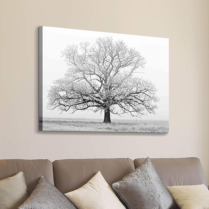 Winter Tree Canvas Wall Art: Black and White Landscape Painting Print Artwork for Living Rooms