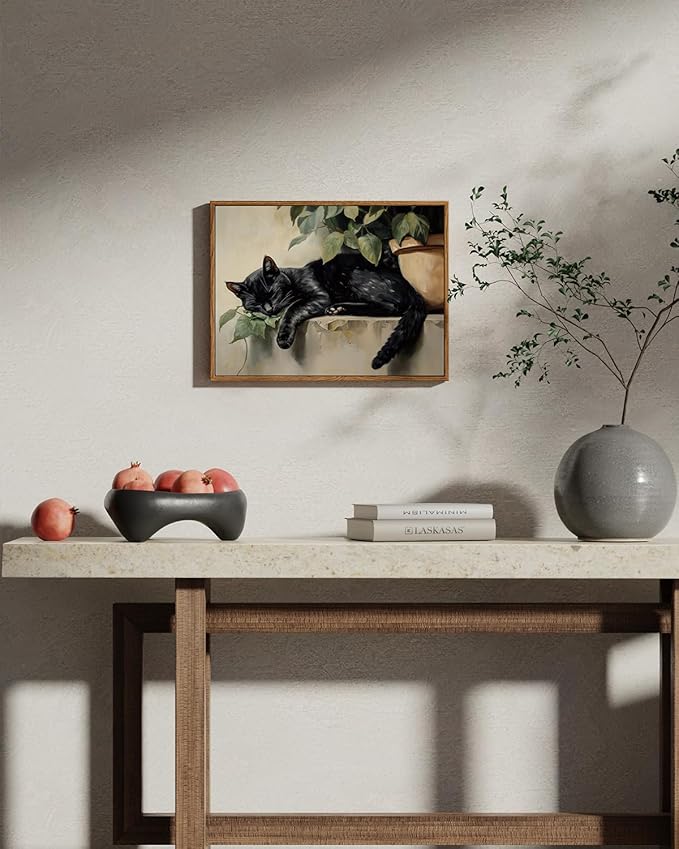 ARPEOTCY Vintage Framed Canvas Wall Art, Sleeping Black Cat Framed Wall Art for Living Room Bedroom Office, Vintage Rustic Animal Art Prints for Bathroom Decor(12x16 Inch)