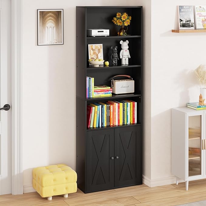Vongrasig Farmhouse Bookcase with Doors & Storage, Tall 6-Tier Wood Bookshelf for Home Office Organization, Living Room Display, and Bedroom Storage Alternatives, 71-Inch Standing Shelf, Black