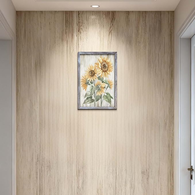 Sunflowers Wall Art Painting - Vibrant Yellow Floral Canvas with Distressed Frame for Bathroom and Bedroom Decor 11"x16"