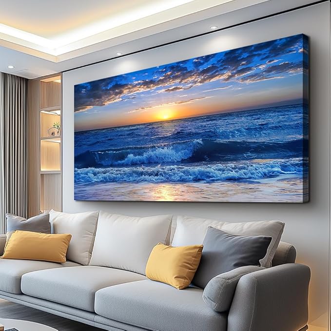 Canvas wall art for living room Blue Ocean Sea sun landscape painting bathroom Wall Decor Ready to Hang for Home Decorations office family bedroom kitchen Works canvas Prints pictures 30" x 60"inch