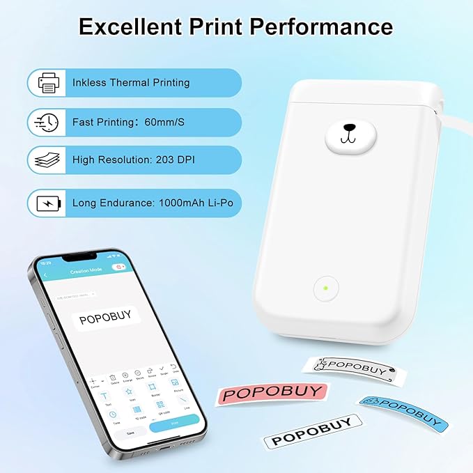 Bear Label Maker Machine with Tape, Cute Portable Bluetooth Mini Label Printer, Smart Phone Handheld Thermal Sticker Small Labeler Inkless for Home Office, 3 Rolls