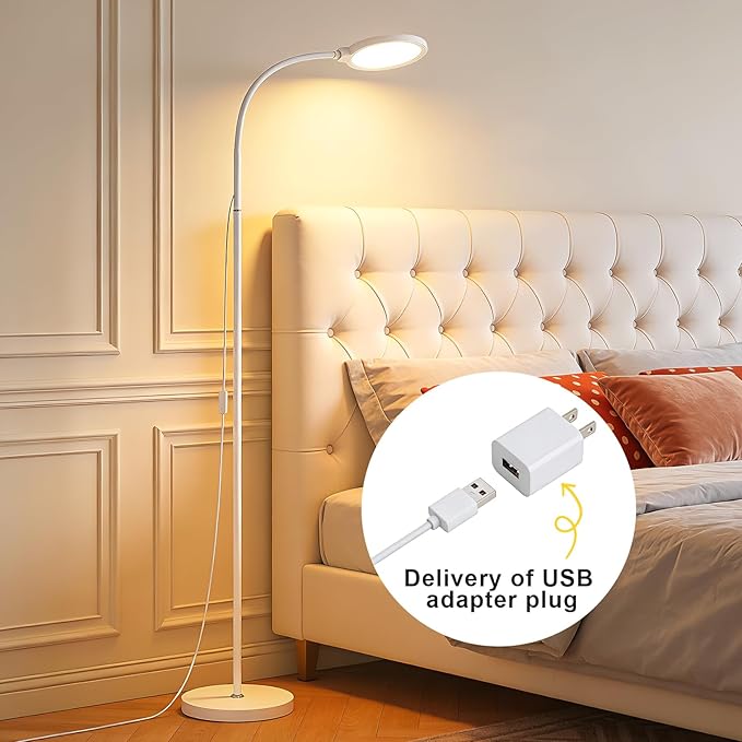 White Modern Bright LED Floor Lamp Adjustable Gooseneck Standing Lamp with Dimmer & Color Temperature, for Living Room,Kids Bedroom,Office, Nursery Library Desk Reading Light, Eyelash Makeup light