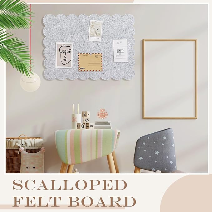 Scalloped Felt Bulletin Board 24 x 18 Inches Foldable Light Gray Pin Cork Board Alternative for Wall, 2' x 1.5' Trifold Picture Vision Self Adhesive Bulletin Decorative