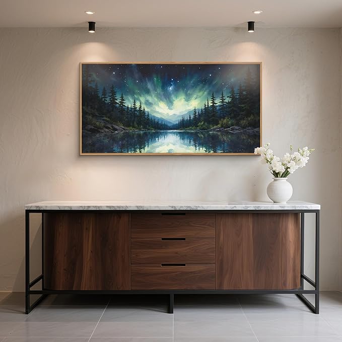 HOURIA Luminous Northern Lights Forest Lake Framed Canvas Wall Art Set,Starry Nordic Aurora Borealis Mountain Scenery Decor,Wilderness Pine Tree Reflection Artwork for Living Room,Farmhouse-20 x40 x1