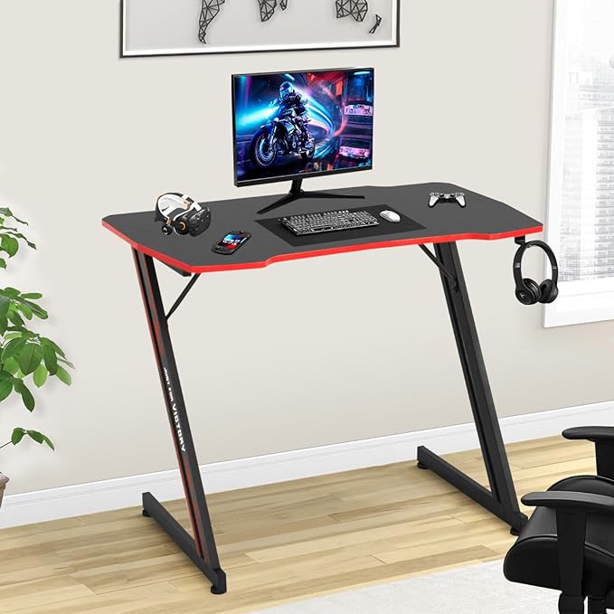 Gaming Desk 39 Inch Z-Shaped Computer Desk Modern Ergonomic PC Computer Table Home Office Desk Racing Style Gaming Workstation with Headphone Hook, Red