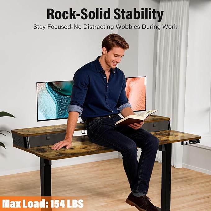 Kingant 35 x 20 Inch Small Electric Standing Desk with Dual Drawers, Height Adjustable Sit to Stand Computer Desk with Storage Shelf and C-Clamp Mount Compatibility for Home Office, Rustic Brown