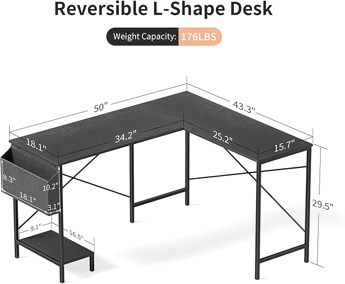 L Shaped Desk - 50" Reversible Home Office Computer Desk, Wood Top, Metal Frame, Side Bag, Sturdy Gaming Desk Corner Table for Work, Writing and Study, Space-Saving