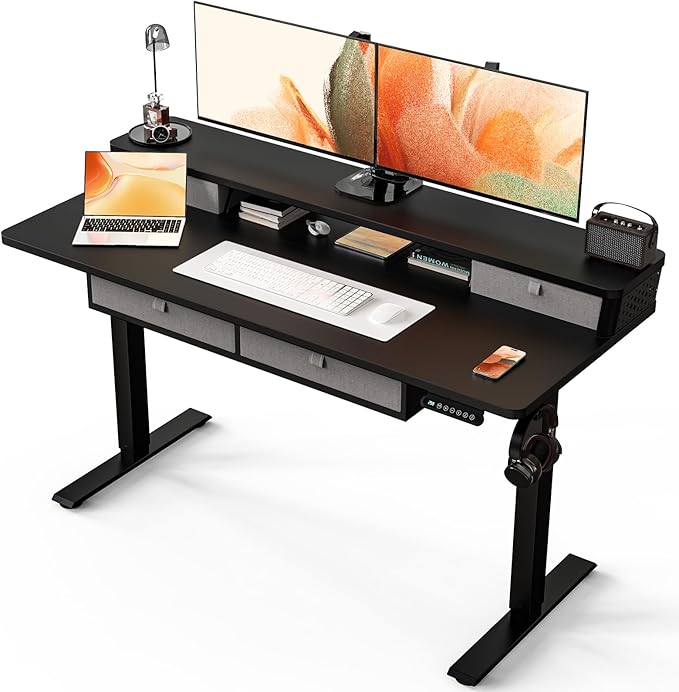 Kingant 55 x 24 Inch Electric Standing Desk with 4 Drawers, Height Adjustable Sit to Stand Computer Desk with Storage Shelf and C-Clamp Mount Compatibility for Home Office, Black