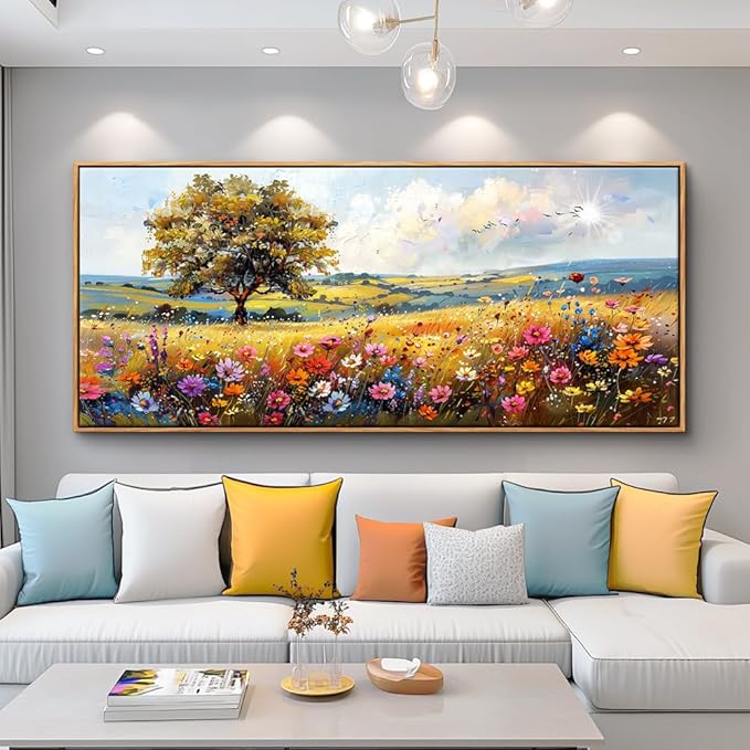 hyidecorart Farmhouse Wall Art For Living Room Pictures For Bedroom Wall Decor Natural Scenery Wall Painting Office Artwork Colorful Flowers And Trees Canvas Prints Hanging Decor Wood Framed 72x32