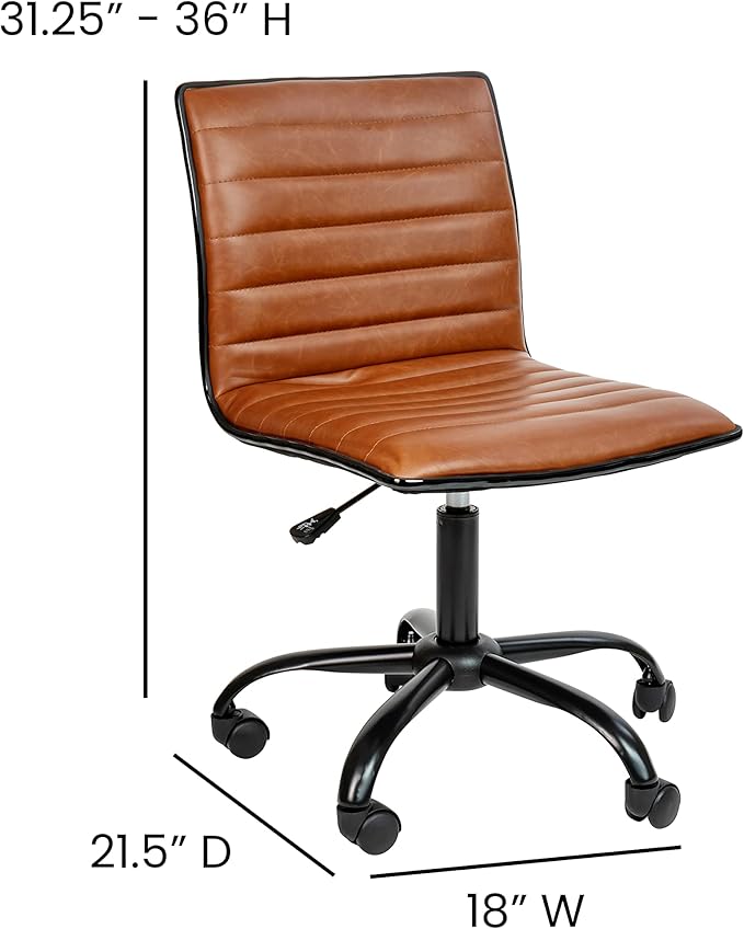 Flash Furniture Alan Low-Back Ribbed Upholstered Vinyl Swivel Desk Chair with Padded Seat, Modern Adjustable Height Padded Office Chair, Brown